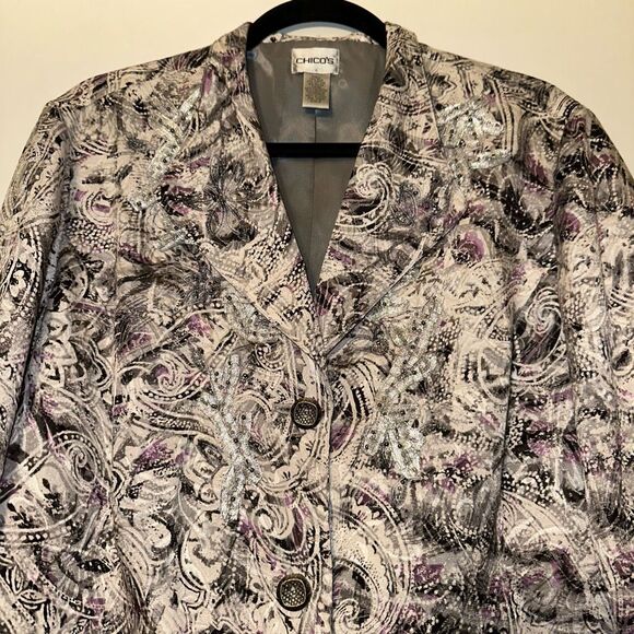 Chicos XL (Sz 3) Silk Blend Blazer Jacket White Black Purple Abstract Womens EUC - Picture 3 of 12